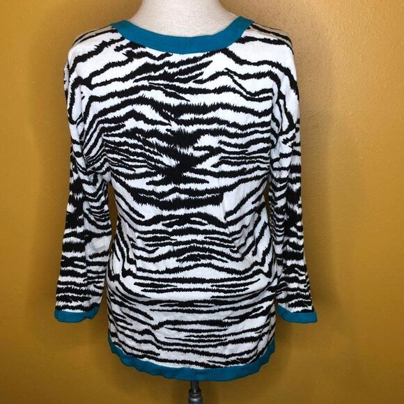 Kenar Sweater Teal White Animal Print Cardigan M - Picture 2 of 4